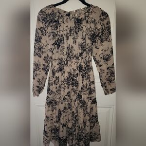 Beautiful Tan and Black Floral sheer dress with lined tiered skirt. Katie&Lily